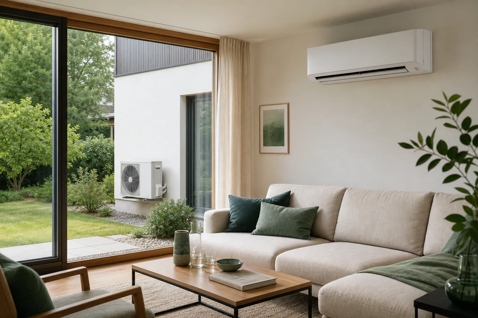 Hochwertig eingerichteter Wohnraum mit moderner Split-Klimaanlage; das Außengerät ist durch das Fenster sichtbar